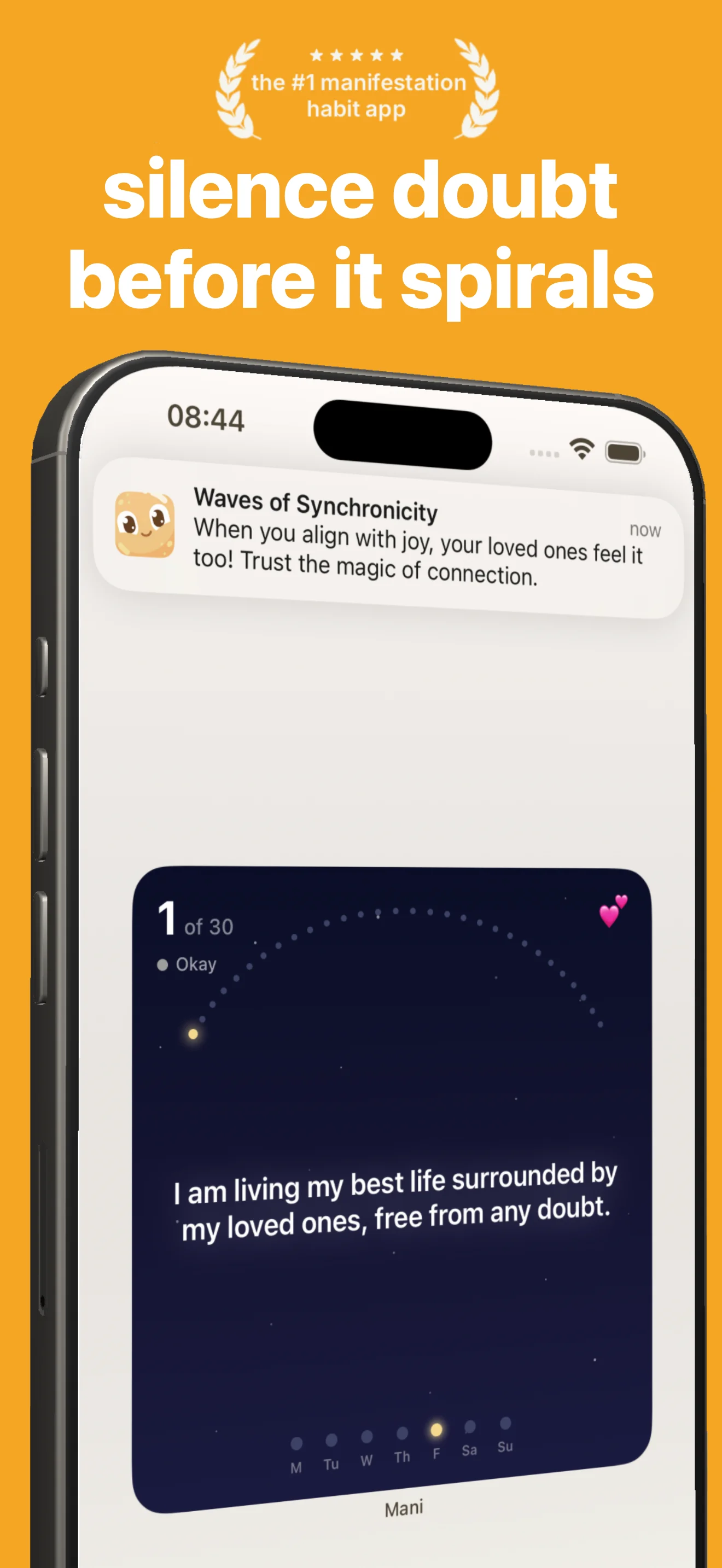 Mani app silence doubt screen for manifestation practice